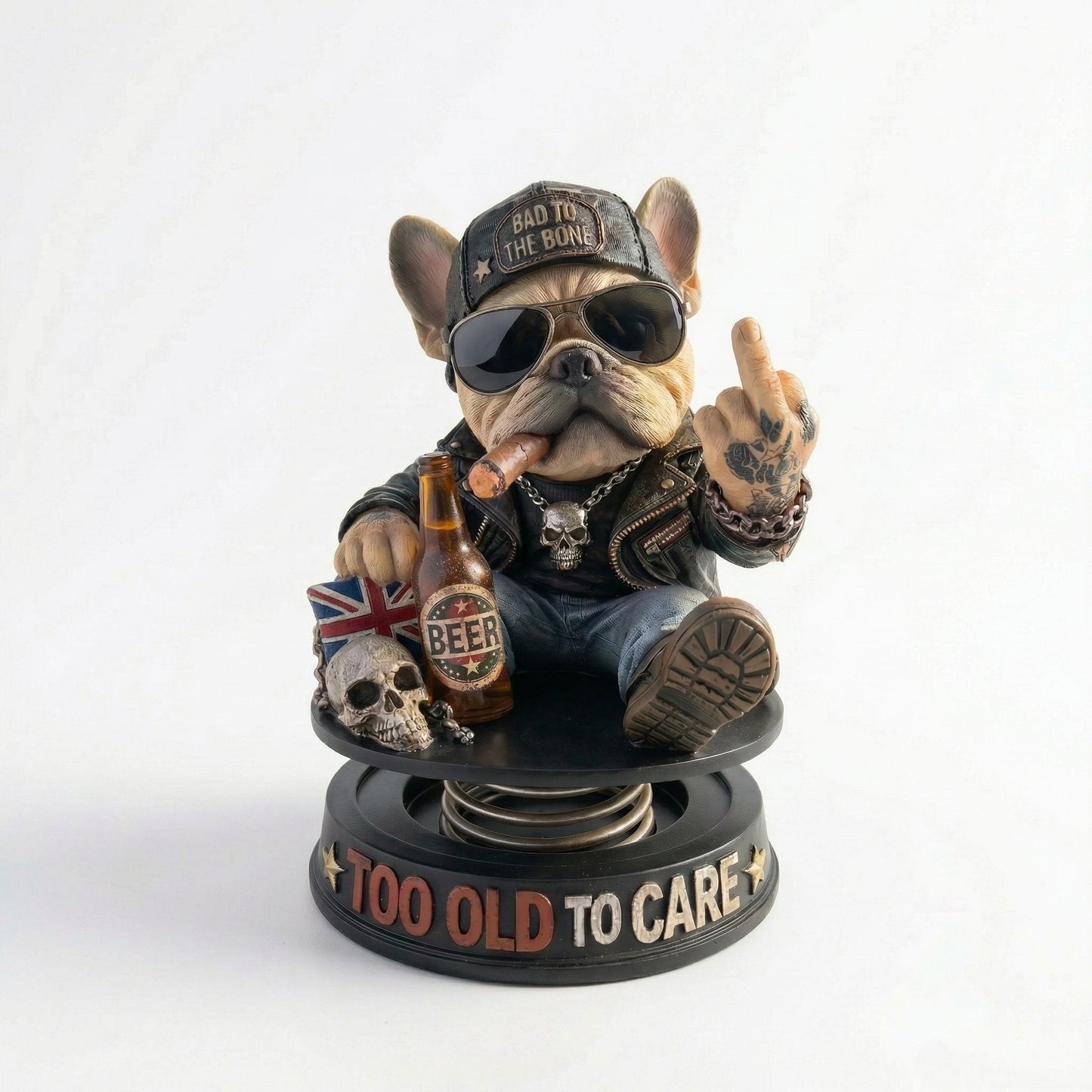 "Too Old To Care" Hardcore Frenchie Dashboard Bobblehead😎 - Rebellious Bulldog Car Decor