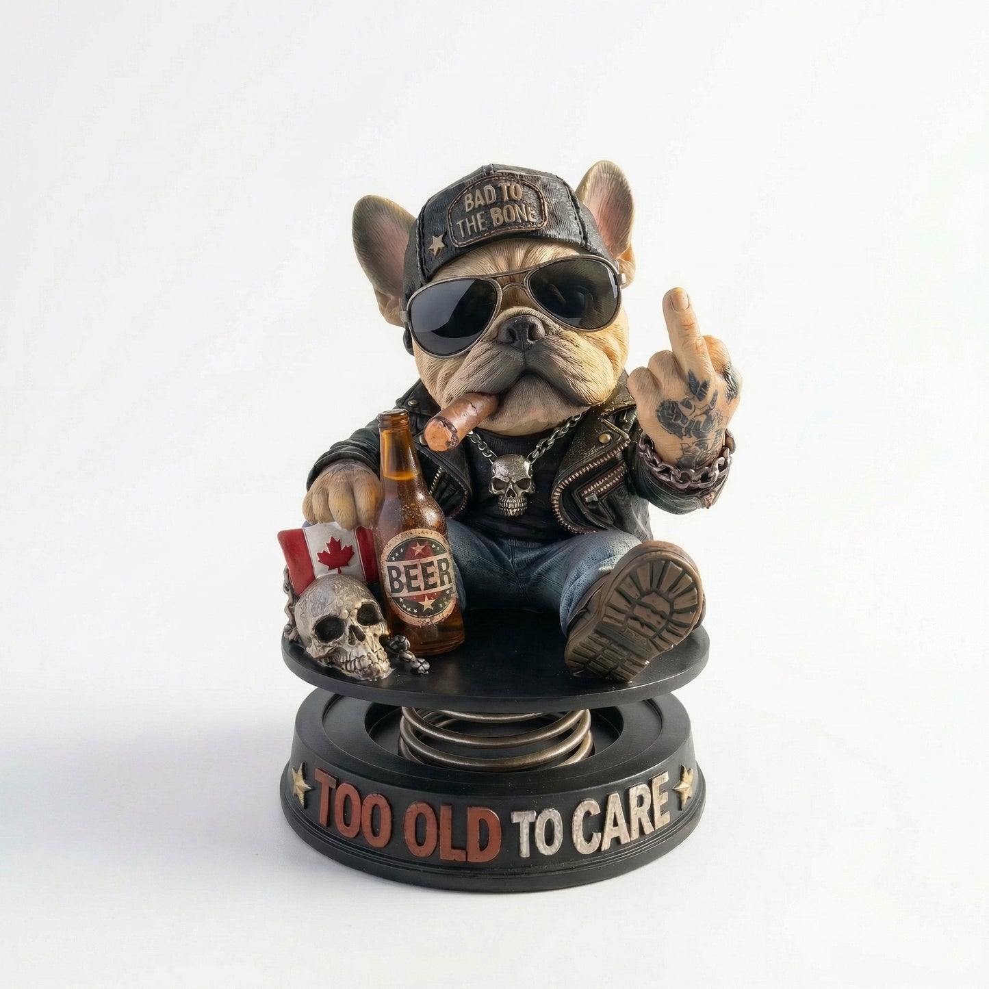 "Too Old To Care" Hardcore Frenchie Dashboard Bobblehead😎 - Rebellious Bulldog Car Decor