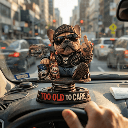 "Too Old To Care" Hardcore Frenchie Dashboard Bobblehead😎 - Rebellious Bulldog Car Decor