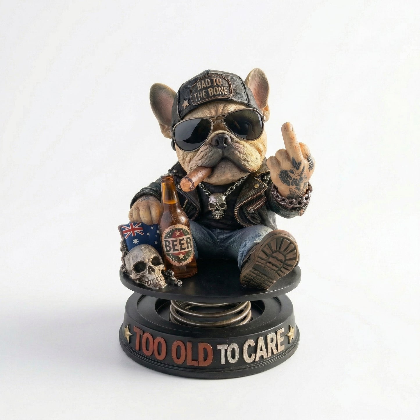 "Too Old To Care" Hardcore Frenchie Dashboard Bobblehead😎 - Rebellious Bulldog Car Decor