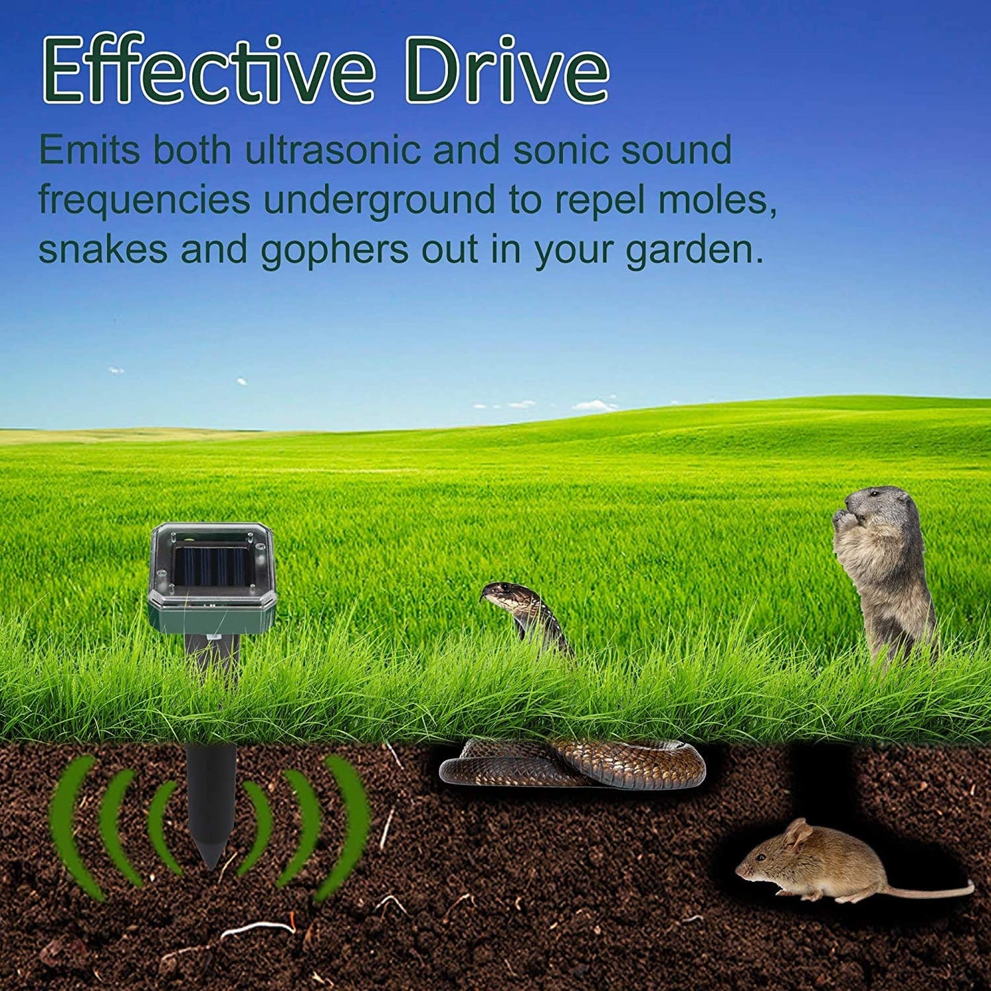 Upgraded 7000ft🔥Solar Power Ultrasonic Gopher Mice Mole Pest Snake Repellent