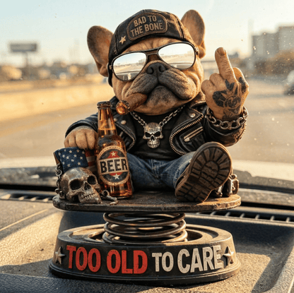 "Too Old To Care" Hardcore Frenchie Dashboard Bobblehead😎 - Rebellious Bulldog Car Decor