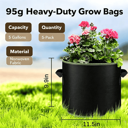 🪴🌱 5-Pack 5 Gallon Grow Bags – Heavy Duty Aeration Fabric Pots with Handles for Vegetables, Flowers & Fruits 🪴