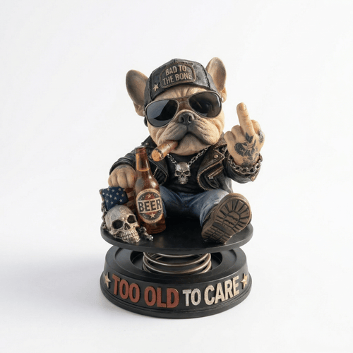 "Too Old To Care" Hardcore Frenchie Dashboard Bobblehead😎 - Rebellious Bulldog Car Decor