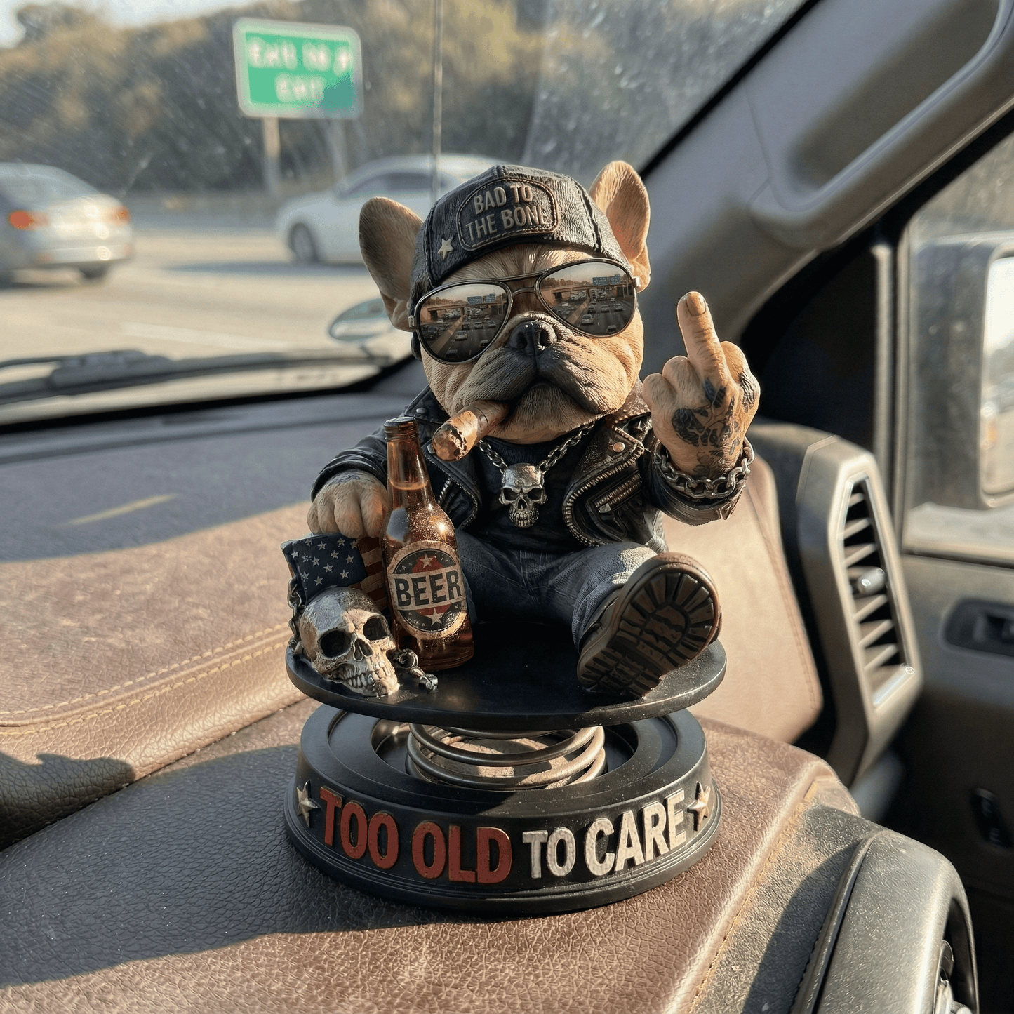 "Too Old To Care" Hardcore Frenchie Dashboard Bobblehead😎 - Rebellious Bulldog Car Decor