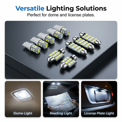 🚗LED Car Lighting Kit: Includes roof lights, T10 parking lights, dual-tip reading lights, license plate lights, and interior lights