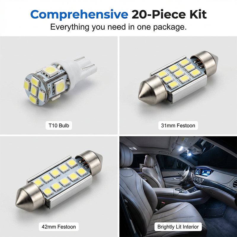 🚗LED Car Lighting Kit: Includes roof lights, T10 parking lights, dual-tip reading lights, license plate lights, and interior lights